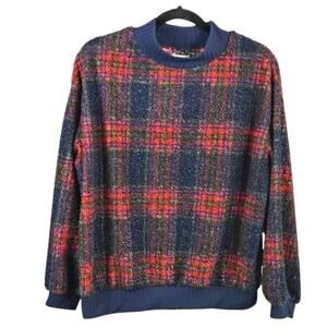 Anthropologie Porridge Prynne Sherpa Cropped Sweatshirt Red Blue Plaid Size M